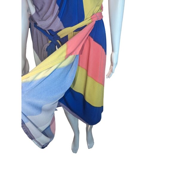 maxandcleo Retro Faux Wrap Striped Dress Ruching Detailing Modest Stretchy sz M - Picture 3 of 9